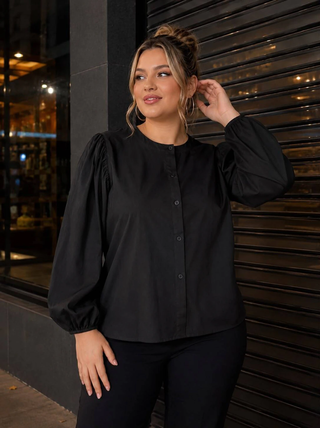 CAMISA MANGA GLOBO - NEGRO